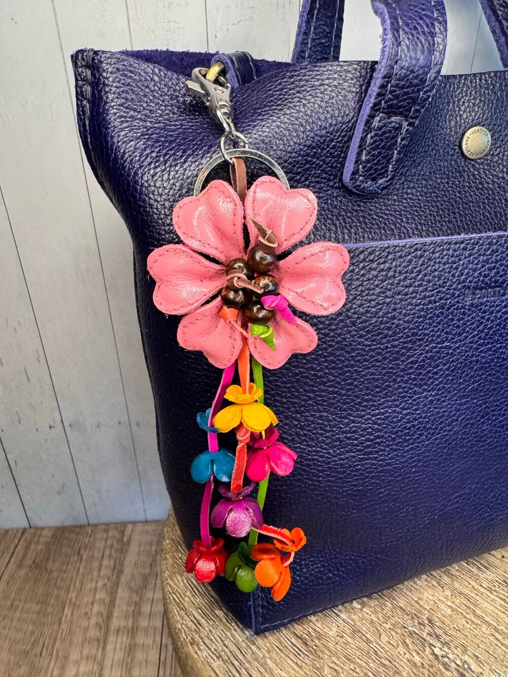Pink Daisy Flower Leather Bag Charm Genuine Leather Purse Charm Flowers